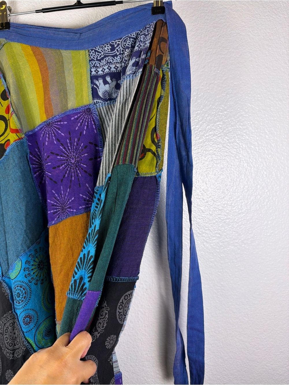 Agan Traders Blue Multicolor Patchwork Cotton Long Wrap Skirt Tie Size XXL - Picture 5 of 12